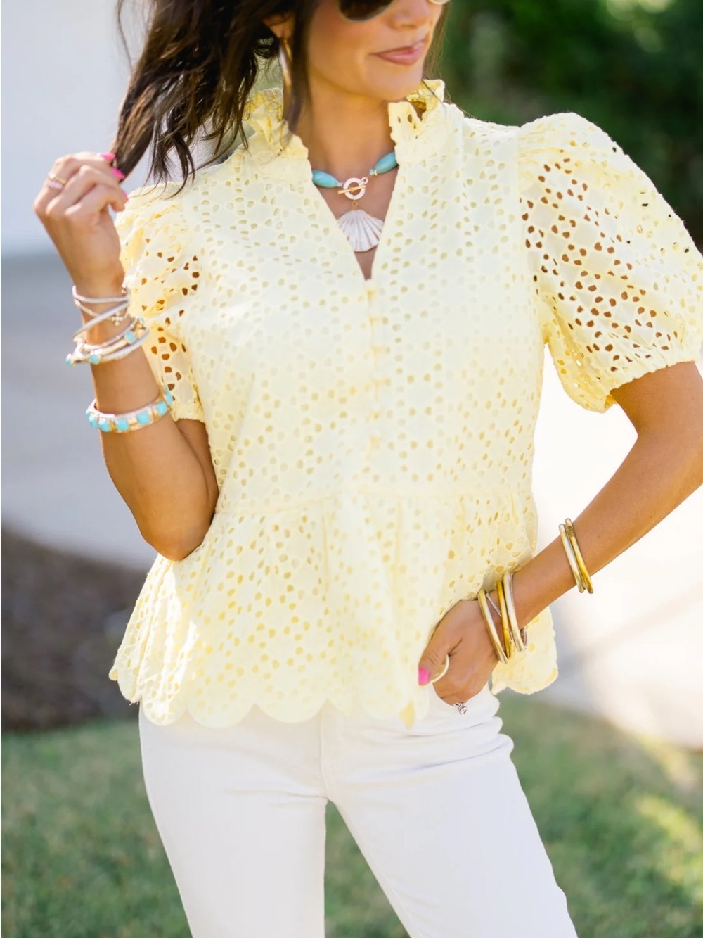 Eyelet Ruffle Sleeve Top in Pale Yellow - Women's Spring Top